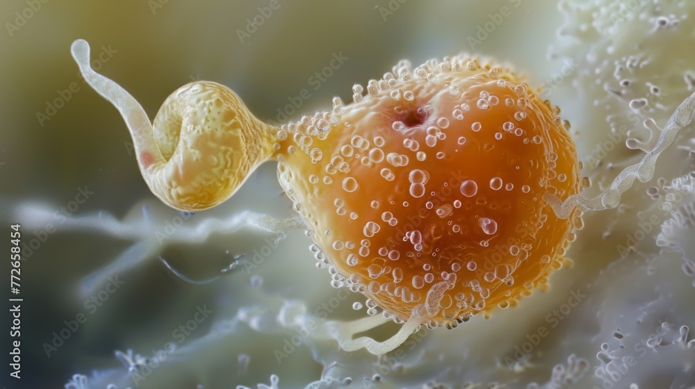 Poster a closeup view of one individual cell with its distinctive oval head and long thin tail. the head ap