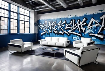 Creative and artistic flair with graffiti wall in a stylish blue and white lounge, Edgy street art...