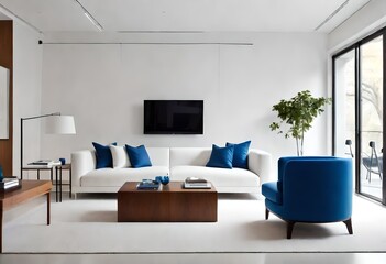 White living room with blue sofa and rug, Modern white interior with blue accents, Minimalist white room with touches of blue deco.