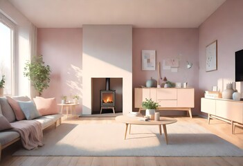 Stylish living room featuring wood burner and pink décor, Warm and inviting space with rustic wood stove, Cozy living room with pink walls and wood burning stove.