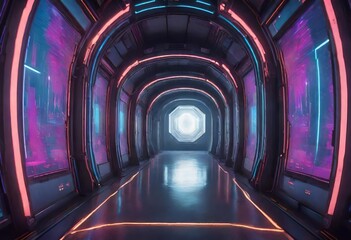 Twisting neon lights in a futuristic tunnel, Futuristic tunnel with glowing neon accents, High-tech...