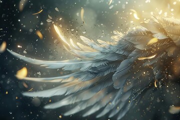 Realistic angel wings with dreamy, ethereal light and feathers, digital illustration - obrazy, fototapety, plakaty