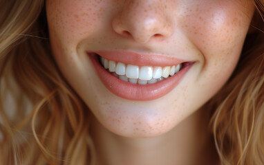 Obraz premium close up of a woman smiling and showing her perfect teeth. Concept for oral care, dentistry, and stomatology. 