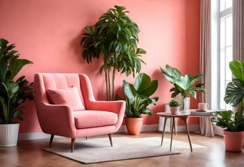 Serene pink room with botanical accents, Vibrant pink décor with lush greenery Pink living room with plants and a cozy chair.