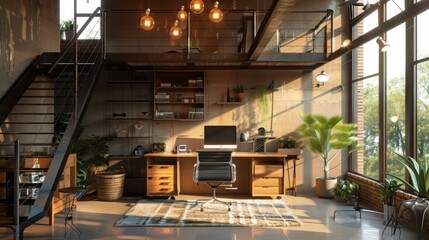 A contemporary workspace with a floating desk, sleek metal accents, and industrial-inspired decor, illuminated by warm Edison bulbs suspended from a lofty ceiling - obrazy, fototapety, plakaty