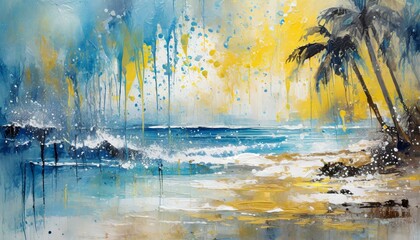 Illustrative of Vivid blues and yellows blend to form a tropical beach scene, complete with a palm tree and the ocean horizon. Splatters and drips of paint add an abstract dimension to the image - Powered by Adobe