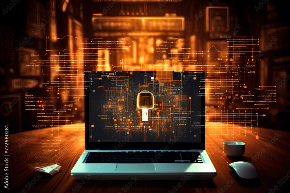 Poster cybersecurity breach alert on a computer screen concept of cybersecurity, data protection, security 