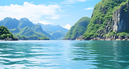 a calm sea near an island covered in lush green trees - Powered by Adobe