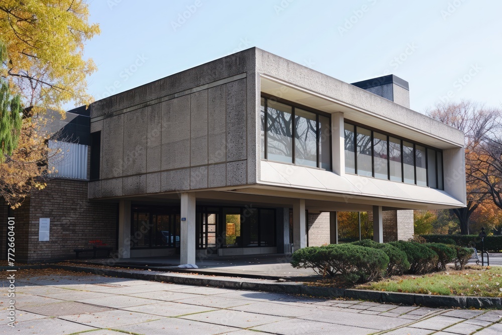 Poster a large building with a lot of windows and a sign on the front. the building is empty and has a very
