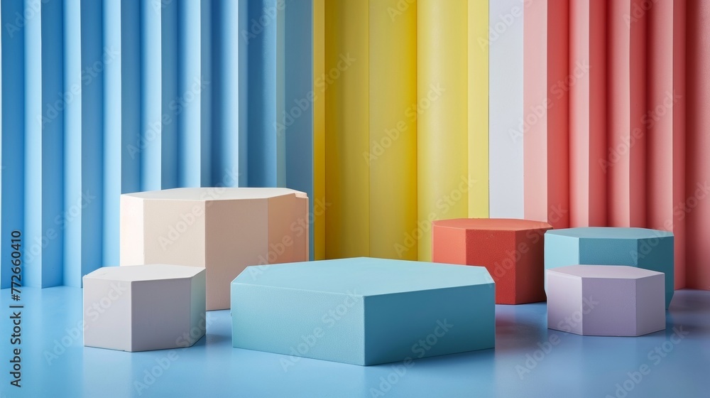 Poster in this modernist setting a collection of podiums in unconventional shapes such as hexagons and octa