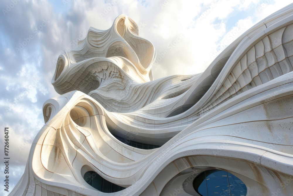Poster a large white building with a lot of curves and angles. the building is very tall and has a lot of w