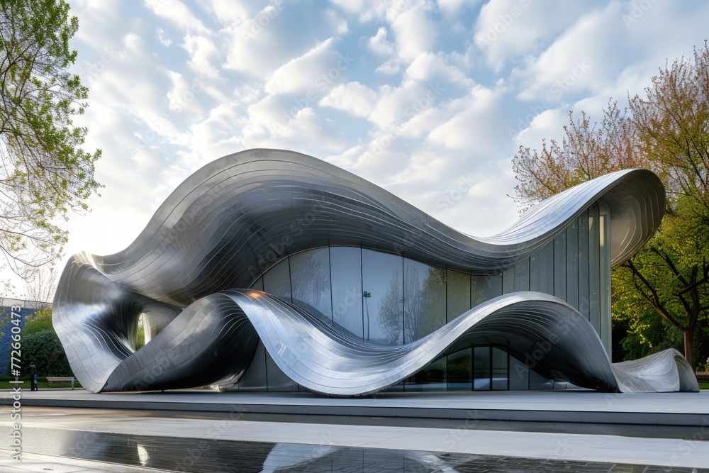 Poster a large building with a curved roof and a lot of windows. the building is made of metal and has a mo