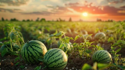 Watermelon field at golden hour sunset. Row of watermelons at fruit and berry farm. AI Generated - obrazy, fototapety, plakaty