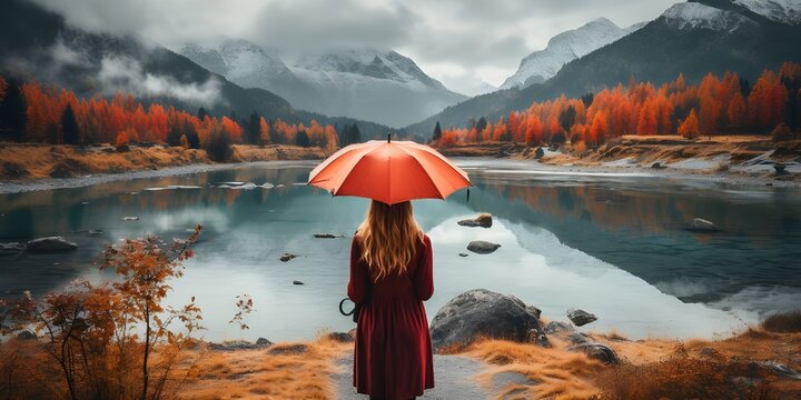 Woman with orange umbrella standing in front of a lake. Woman with Orange Umbrella Lake PNG