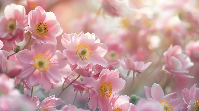 Floral delicate natural background. Lots of pink Chinese or Japanese anemone flowers in nature in sunlight with soft focus. Filled full frame picture.
