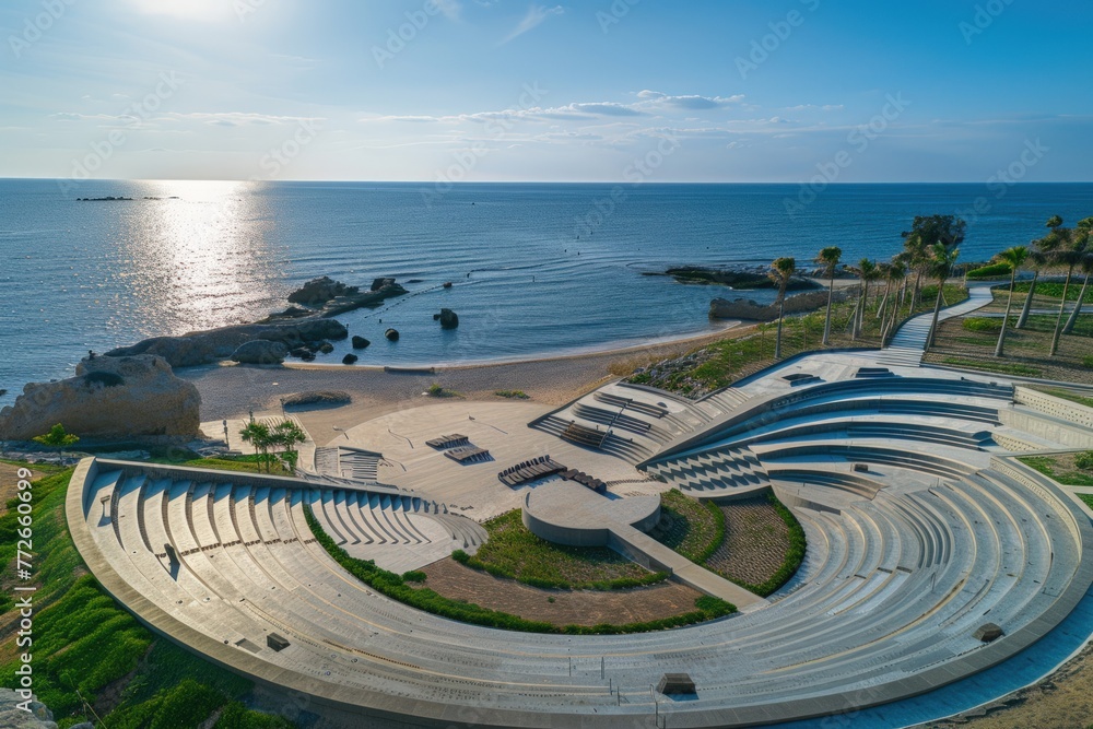 Aufkleber a large circular stage with a beach in the background. the stage is surrounded by a series of steps 