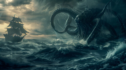 Awe-inspiring Mythical Kraken Encounter at Sea During a Thunderstorm - obrazy, fototapety, plakaty