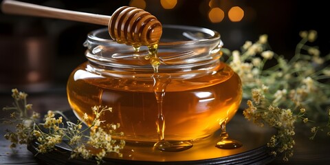 Glass jar full of honey and dipper natural ecological useful product. Golden Harvest Glass Jar Filled with Pure Honey and Dipper - obrazy, fototapety, plakaty