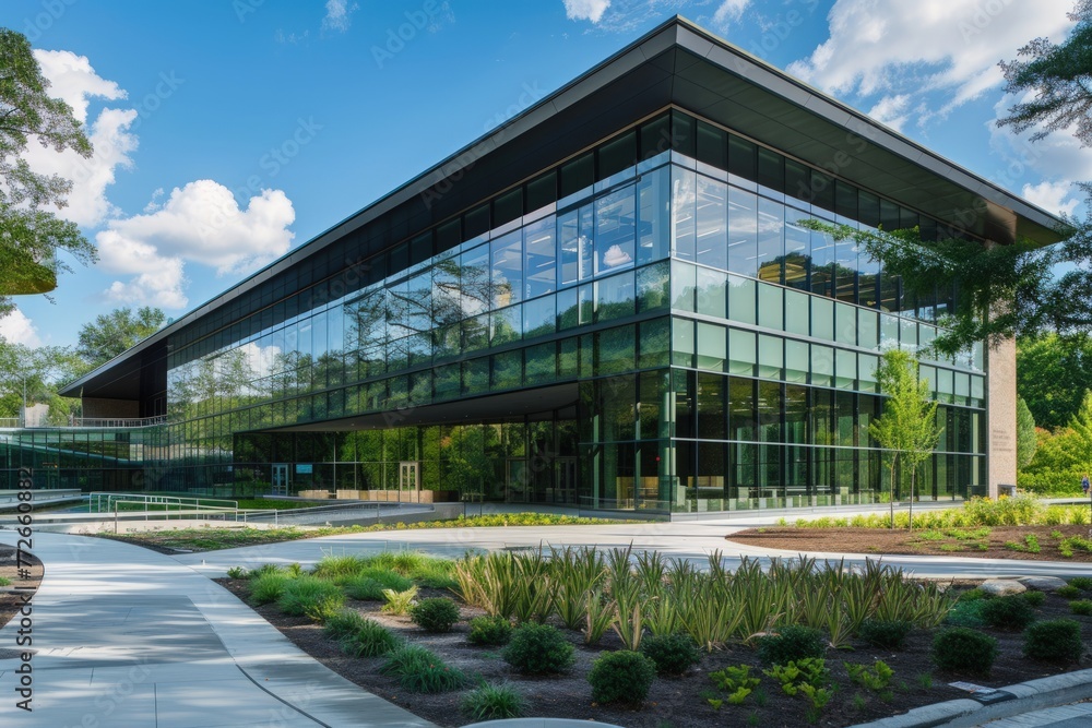 Poster a large glass building with a green courtyard in front of it. the building has a modern design and i