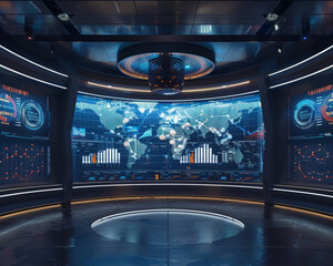 Futuristic control room with high-tech screens displaying global data maps and analytics against a city skyline at night. - obrazy, fototapety, plakaty
