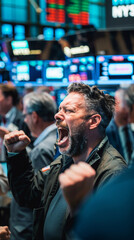 An exuberant stock trader celebrates a victorious moment on the bustling floor of the stock exchange with digital boards in the background.