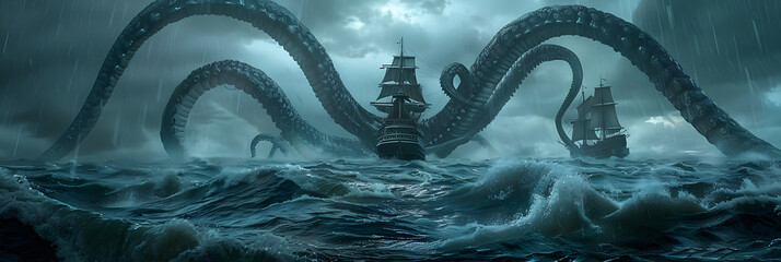 Awe-inspiring Mythical Kraken Encounter at Sea During a Thunderstorm