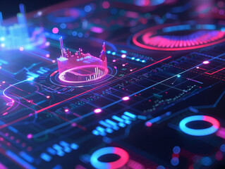 A detailed view of a sophisticated digital analytics dashboard displaying 3D graphs and data points, showcasing real-time statistical analysis.