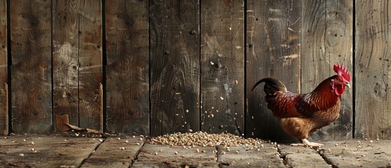 A rustic scene of a chicken pecking at grains scattered on a wooden barn floor - obrazy, fototapety, plakaty