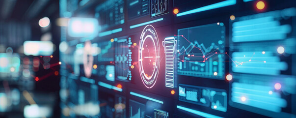 An advanced data analytics dashboard display with interactive charts and indicators, visualizing complex information in a modern control room.