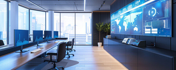 An expansive view of a modern corporate security operations center with multiple screens displaying real-time global data.