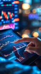 Close-up of a hand using a tablet to navigate through colorful stock market trend graphs and financial data.