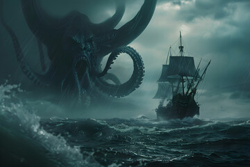Awe-inspiring Mythical Kraken Encounter at Sea During a Thunderstorm - obrazy, fototapety, plakaty
