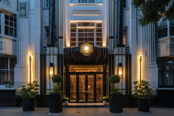 The front of a building with a large archway and a large window. The building is old and has a lot of detail