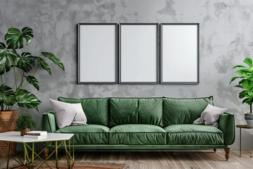 Boho interior design of modern living room, home. Green sofa and cabinet against wall with frames.