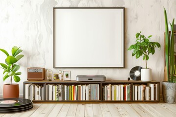 A rectangular picture frame hangs on the wall in the living room