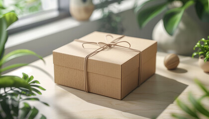 Brown paper package tied with string on a wooden table with sunlight and green plants in the background