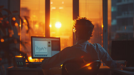 Back view of a professional at a desk analyzing financial data on a computer screen, with the office basked in the warm glow of a sunset.