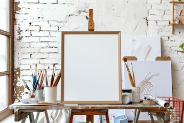 Wooden easel supports white board in art studio, sitting on hardwood flooring - obrazy, fototapety, plakaty
