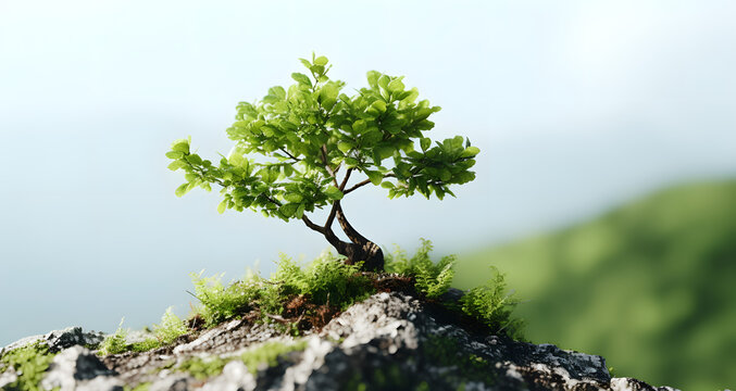 a small green tree growing out of a rock