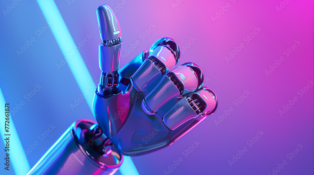 Poster a robot with a thumbs up gesture. the robot is blue and has a metallic look. the image has a futuris