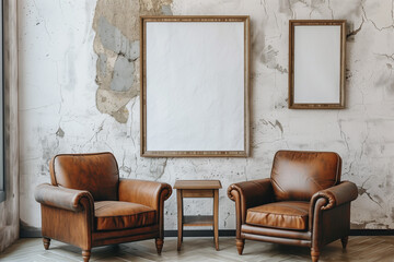 Two brown leather armchairs against stucco wall with poster frame. Mid century home interior design of modern living room. - obrazy, fototapety, plakaty