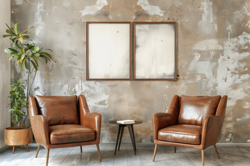 Two brown leather armchairs against stucco wall with poster frame. Mid century home interior design of modern living room.