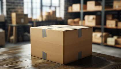 Cardboard box on a wooden floor in a warehouse with shelves of packages in the background - obrazy, fototapety, plakaty