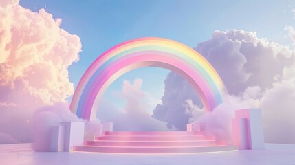 A mystical aura fills the stage as a majestic rainbow arches overhead its radiant colors blending seamlessly with the soft billowing . .