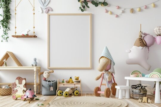 Childs room with toys, picture frame, chair, table, and a plant