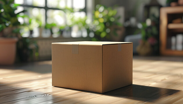 Cardboard box on wooden floor in a sunlit room with plants in the background, concept for moving or delivery