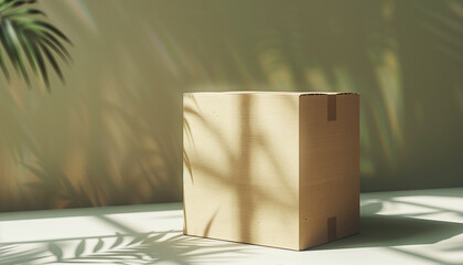 Cardboard box with shadow of a palm tree, minimalist concept with natural light on a plain background