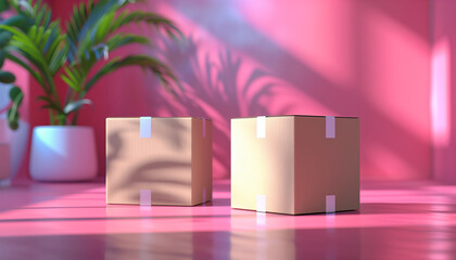 Cardboard boxes in a pink room with plant shadow, concept for moving, delivery or online shopping