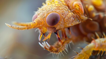 Detailed closeup of a parasitic larvaes head revealing its sharp teeth and complex mouthparts used for feeding on a host organism. - obrazy, fototapety, plakaty