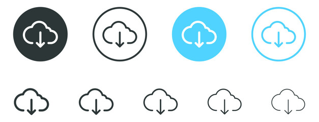 cloud download icon with arrow down symbol, save import icon, data storage database icons button